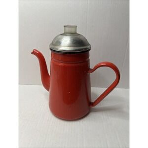 Red Enamel Teapot 9" Metal Enamelware Farmhouse Country Vintage Japan